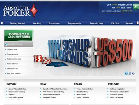 100% 1st Deposit Match Bonus up to $500 only at Absolute Poker